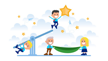 Fototapeta premium Joint efforts working team caught a star from the sky. 