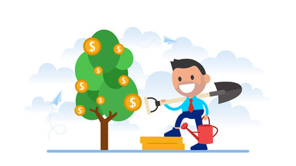 Businessman cultivate money tree. Idea of passive income.
