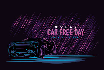 Car free day concept. Sepember 22. car line art with neon color style. Vector illustration on a dark background.