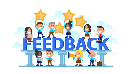 Word - Feedback, people give review rating and feedback, can use for, landing page, template, ui, web, mobile app, poster, banner, flyer, background.

