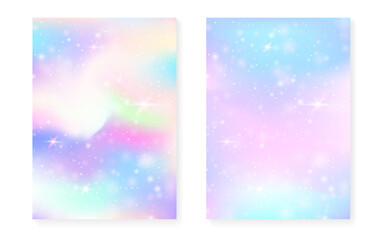 Unicorn background with kawaii magic gradient. Princess rainbow hologram.