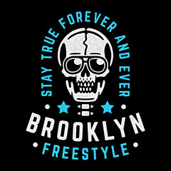 Vintage white skull. Retro print for t-shirt. Brooklyn freestyle.