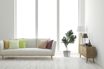 White living room with sofa. Scandinavian interior design. 3D illustration
