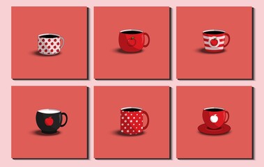 Set of various cups. Side view. Different apple ornaments, pattern, stripe, etc. Flat Design Vector Illustration. 