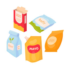 Set with food in packets. Groats, kefir, flour, vayo and chips. Vector cartoon flat illustration isolated on white.