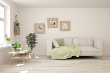 White living room with sofa. Scandinavian interior design. 3D illustration