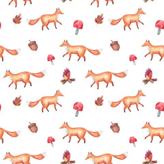 endless childish pattern clipart, fox and forest, fly agaric mushrooms, bonfire watercolor illustration on white background