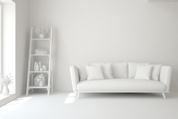 White minimalist living room with sofa. Scandinavian interior design. 3D illustration