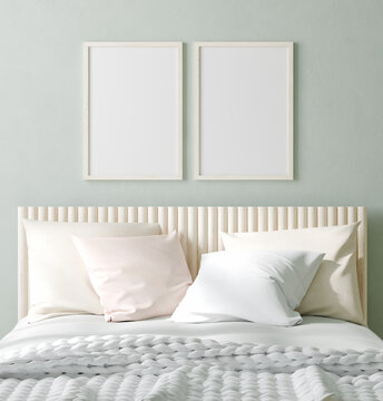 Mock-up poster frame in bedroom, Scandinavian style, 3d render