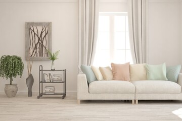 White living room with sofa. Scandinavian interior design. 3D illustration