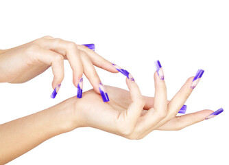 Hands with blue french acrylic nails manicure and painting