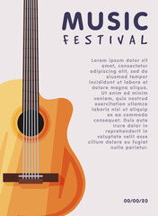 Music Festival Banner with Acoustic Guitar Musical Instrument, Advertisement Poster, Brochure, Flyer, Invitation Card Vector Illustration