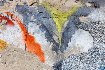 Hooligan smeared paint the walls of the old building. Landscape style. Grungy concrete surface with...