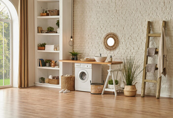 Decorative bath room and washing machine in the room style.