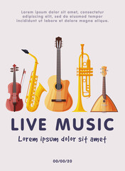 Live Music Festival Banner with Classical Musical Instruments, Advertisement Poster, Brochure, Flyer, Invitation Card Vector Illustration