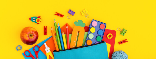 School supplies and pencil case. Back to school concept.	