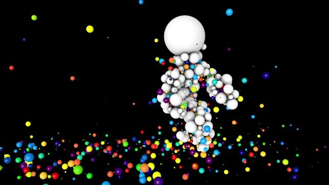 Figure dancing made from 3D white spheres. Particles explode from the figure as it dances.