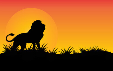 lion standing Against a Sunset illustration,African nature with wild lion.Black silhouette of a lion.