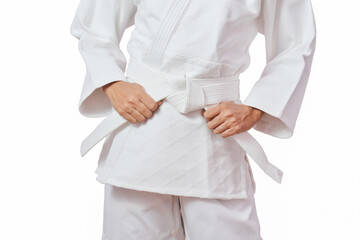 young girls judo fighters isolated in white kimono