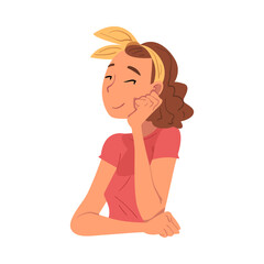 Thoughtful Girl Sitting Supporting her Head by Hand, Relaxed Teen Girl Dreaming about Something Vector Illustration