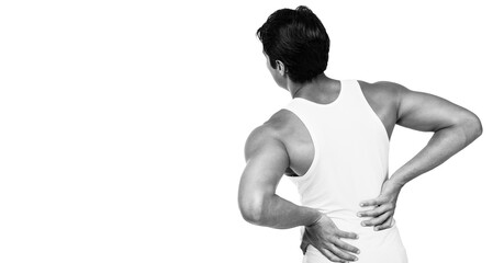 Pain and suffer back with touching or massaging back and low back isolated on white background, copy space, black and white photo, chronic back and backache, office syndrome and health care concept