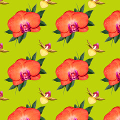 Flowers on a green background. Seamless pattern with orange Orchid flowers and green leaves.