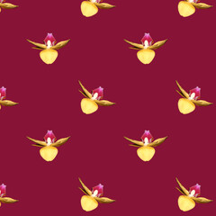 Seamless pattern of yellow Orchid flowers. Flowers on a Burgundy background.