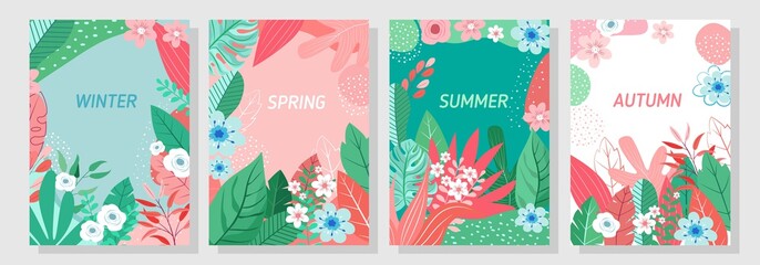 Naklejka premium Vector set floral background, Nature background,Four seasons, template, banner, cover, templates, postcard.