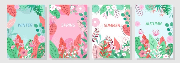 Vector set floral background, Nature background,Four seasons, template, banner, cover, templates, postcard.