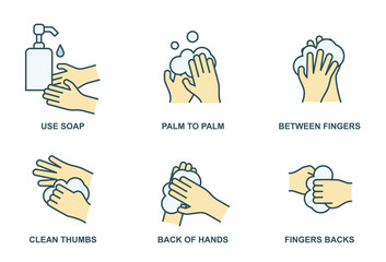 How to wash your hands properly color line icons. Hand hygiene vector illustration