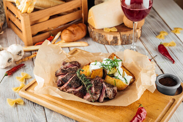 Sliced lumbar steak thin sirloin potatoes cream