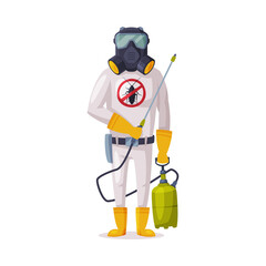 Naklejka premium Exterminator Wearing Protection Uniform and Gas Mask with Pressure Sprayer, Male Worker of Pest Control Service Vector Illustration