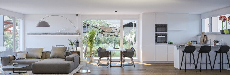 panorama view inside modern apartment - 3d rendering