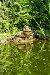Fototapeta na wymiar Magical garden pond with small waterfall on shore. Aquatic plants and evergreens growing along coast are reflected in water like in mirror. Atmosphere of relaxation, tranquility and happiness..