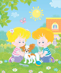 Obraz na płótnie Canvas Little children brushing their cheerful small Papillon puppy for a walk on a sunny summer day, vector cartoon illustration