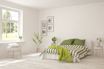 White bedroom interior. Scandinavian design. 3D illustration