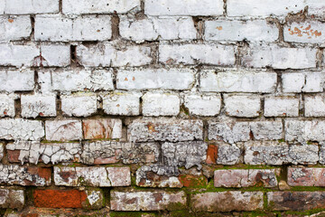 Abstract background old white brick wall with cracks and scratches. Landscape style. Great...
