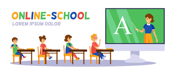 Online school concept. Kids sitting at a large monitor. Teacher on screen is teaching a lesson