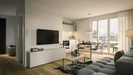 Foto op Plexiglas living room and kitchen apartment - 3d rendering © Christian Hillebrand