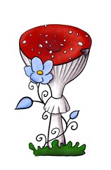 Illustration of redcap fly agaric with blue flower on green grass. Hand-drawn poisonous mushroom with dots on red cap and ring isolated on white. Dangerous amanita muscaria grows in woods and forests.