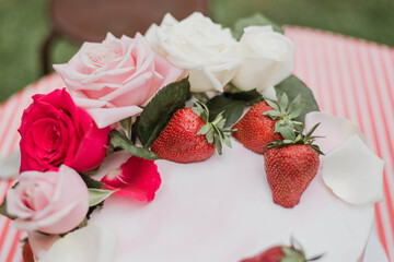 Obraz na płótnie Canvas strawberry cake close up scene isolated