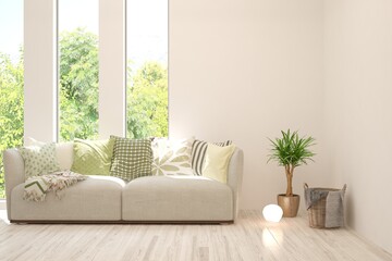 White living room with sofa and summer landscape in window. Scandinavian interior design. 3D illustration