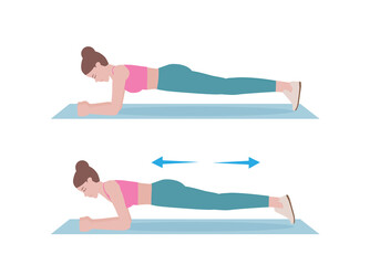 Woman doing exercises 2 Step. for doing body saw. Triggers new muscle growth and increased levels of strength. Illustration about warm up and cool down and workout. 