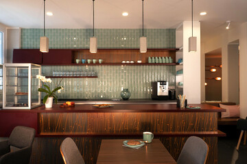 Modern Retro Cafe Interior with eye catching tile wall background, wide, international edition