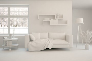 White minimalist living room with sofa. Scandinavian interior design. 3D illustration