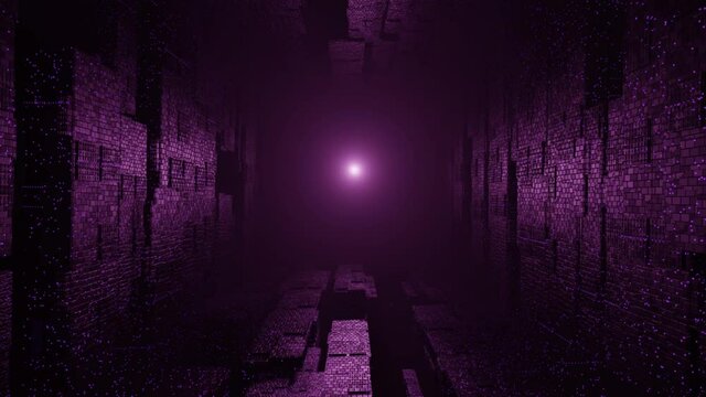 Abstract futuristic digital sci-fi glowing dark city tunnel with ultraviolet neon light loop motion background.