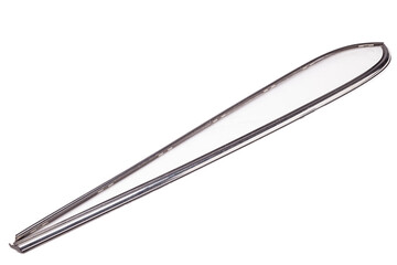 A pair of decorative silver metal moldings for chrome glass in car windows on a white isolated background. Spare part for sale at an auto-parsing or for replacement in tuning.