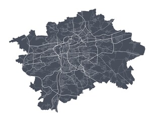 Prague map. Detailed map of Prague city poster with streets. Dark vector.