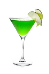 Green appletini cocktail in glass isolated on white background