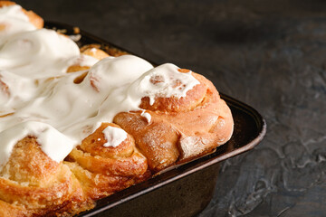 Sweet tasty homemade rose buns rolls with sugar whipped cream, hot and fresh, bakery for recipe book, angle view